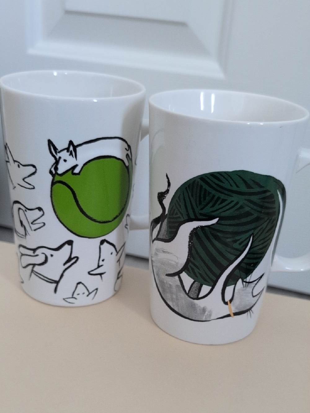Starbucks White Mug Pair with Bright Green and Dark Green Illustrations